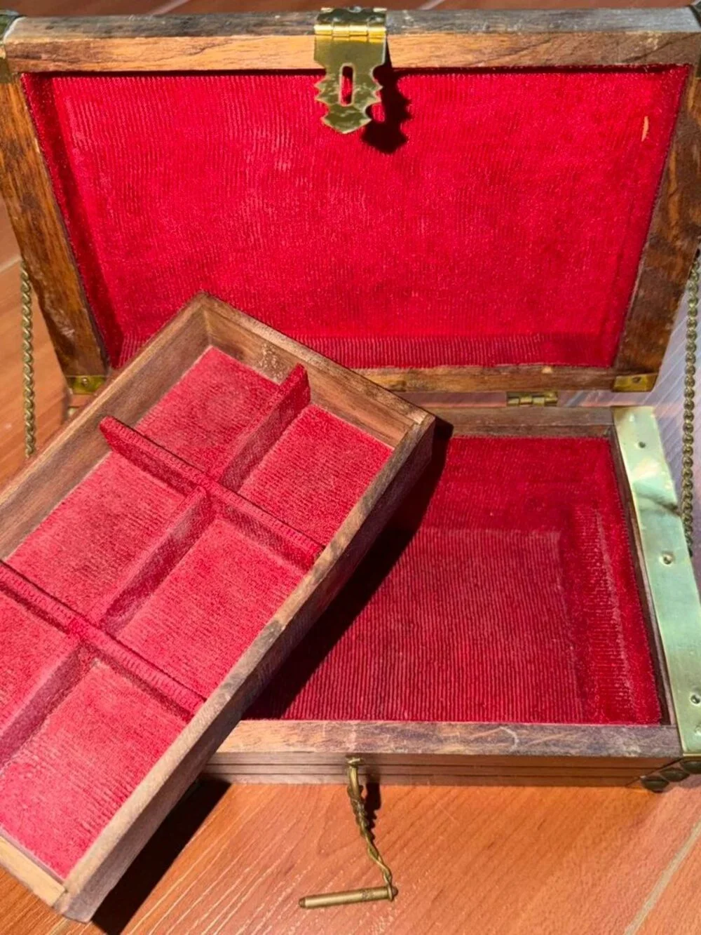 Vintage Wooden Jewelry Box Chest Gold Latch Red Lining